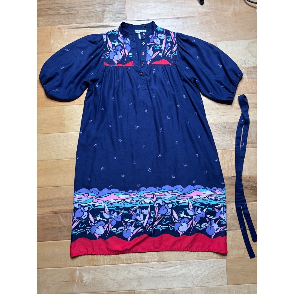 Robbie Bee Dress Womens Petite L Navy Blue‎ Floral Border Print Puff Sleeve